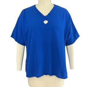 Oh My Gauze! Top Women's 3 US XL Blue Gauzy Cotton Short Sleeve Cutout Detail